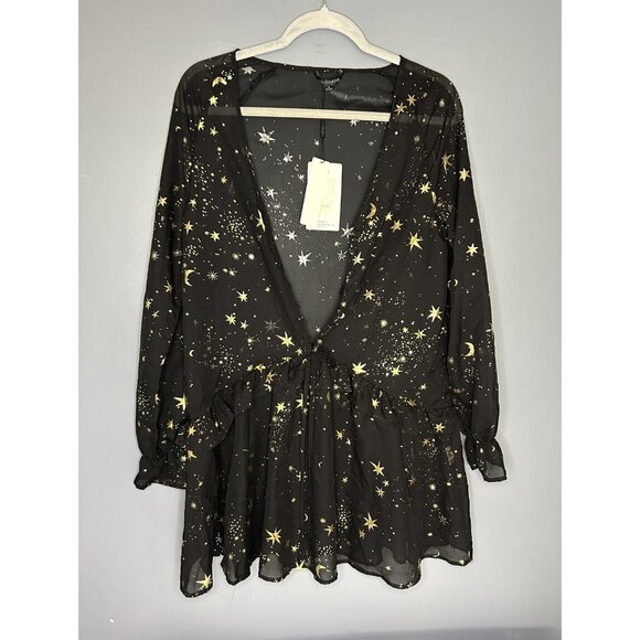 Haoduoyi Mini Dress Womens XL Gold Star Moon Sheer Chiffon Long Sleeve Tunic Top - Picture 4 of 13